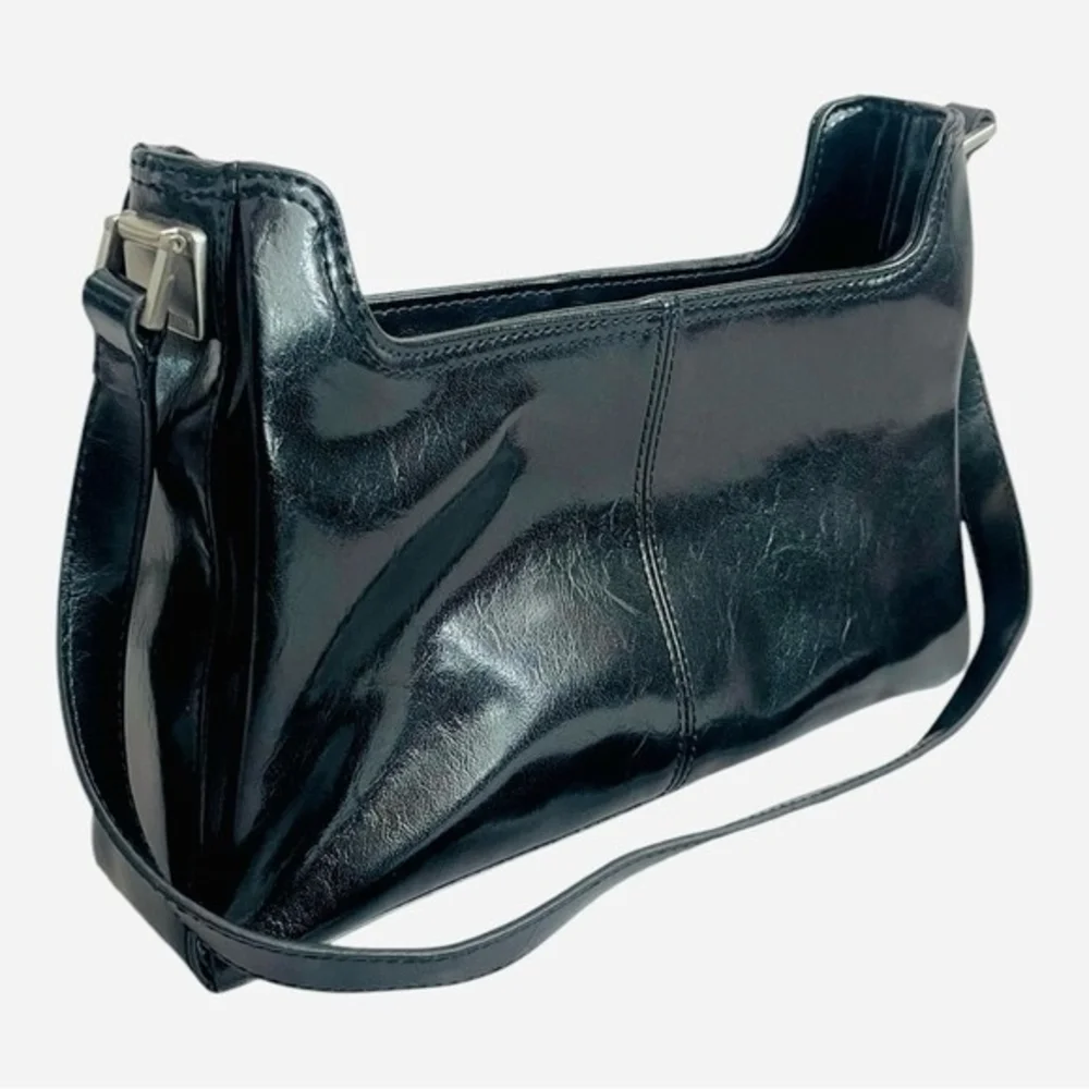 Liz Claiborne Black Patent Leatherette Shoulder Bag Glossy Medium Purse Vintage